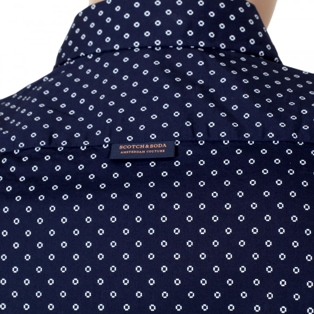 Mens Classic Slim Fit Stretch Cotton Long Sleeve Navy Shirt with Jacquard Printed Circles by Scotch and Soda