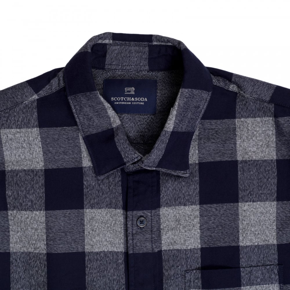 Mens Cotton Made Classic Slim Fit Long Sleeve Soft Navy Check Shirt with Soft Collar by Scotch and Soda