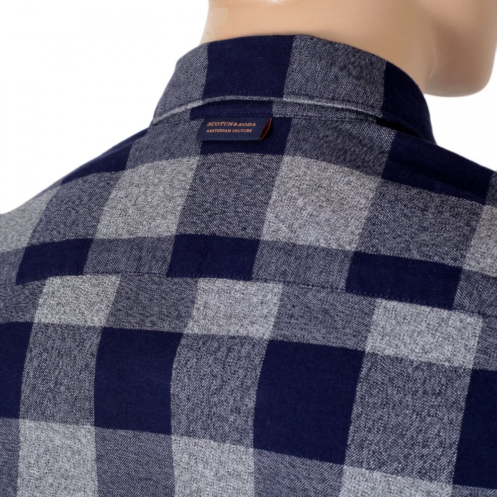 Mens Cotton Made Classic Slim Fit Long Sleeve Soft Navy Check Shirt with Soft Collar by Scotch and Soda