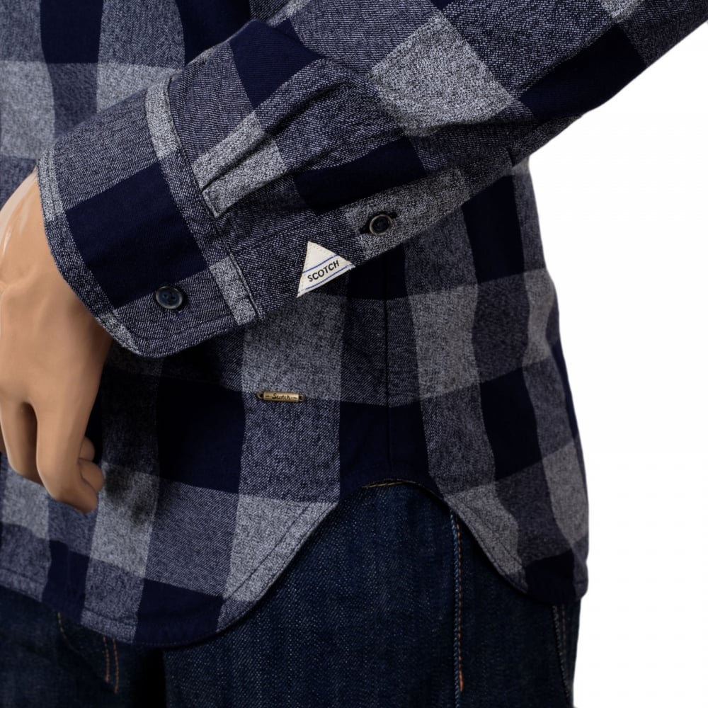 Mens Cotton Made Classic Slim Fit Long Sleeve Soft Navy Check Shirt with Soft Collar by Scotch and Soda