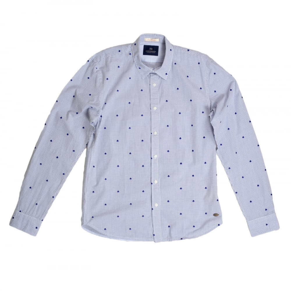 Mens Slim Fit White Cotton Shirt with Soft Collar, Blue Mini Check and Flock Spade Print by Scotch and Soda