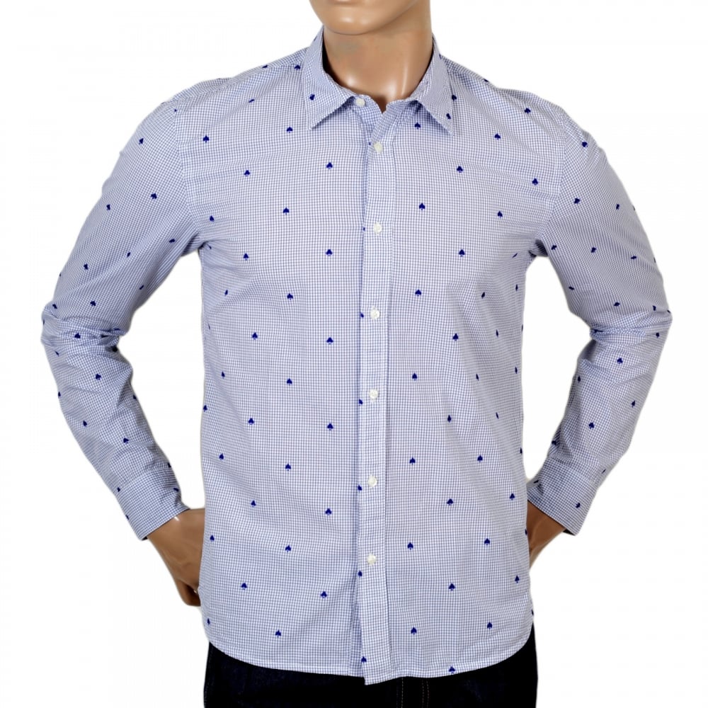 Mens Slim Fit White Cotton Shirt with Soft Collar, Blue Mini Check and Flock Spade Print by Scotch and Soda