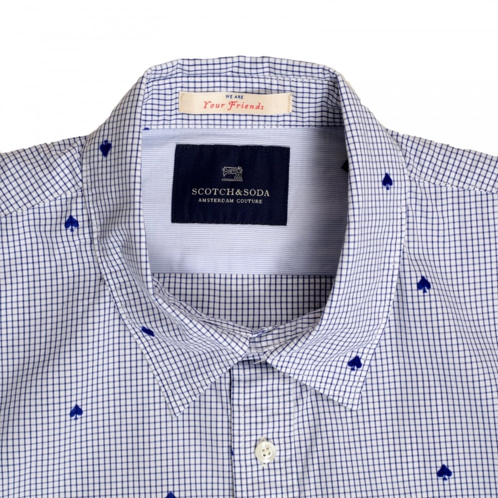 Mens Slim Fit White Cotton Shirt with Soft Collar, Blue Mini Check and Flock Spade Print by Scotch and Soda