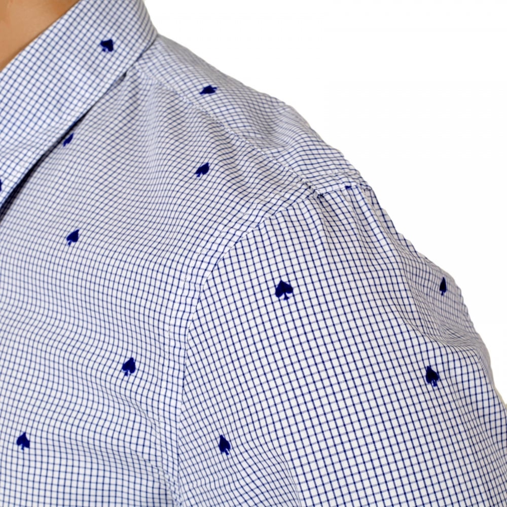 Mens Slim Fit White Cotton Shirt with Soft Collar, Blue Mini Check and Flock Spade Print by Scotch and Soda