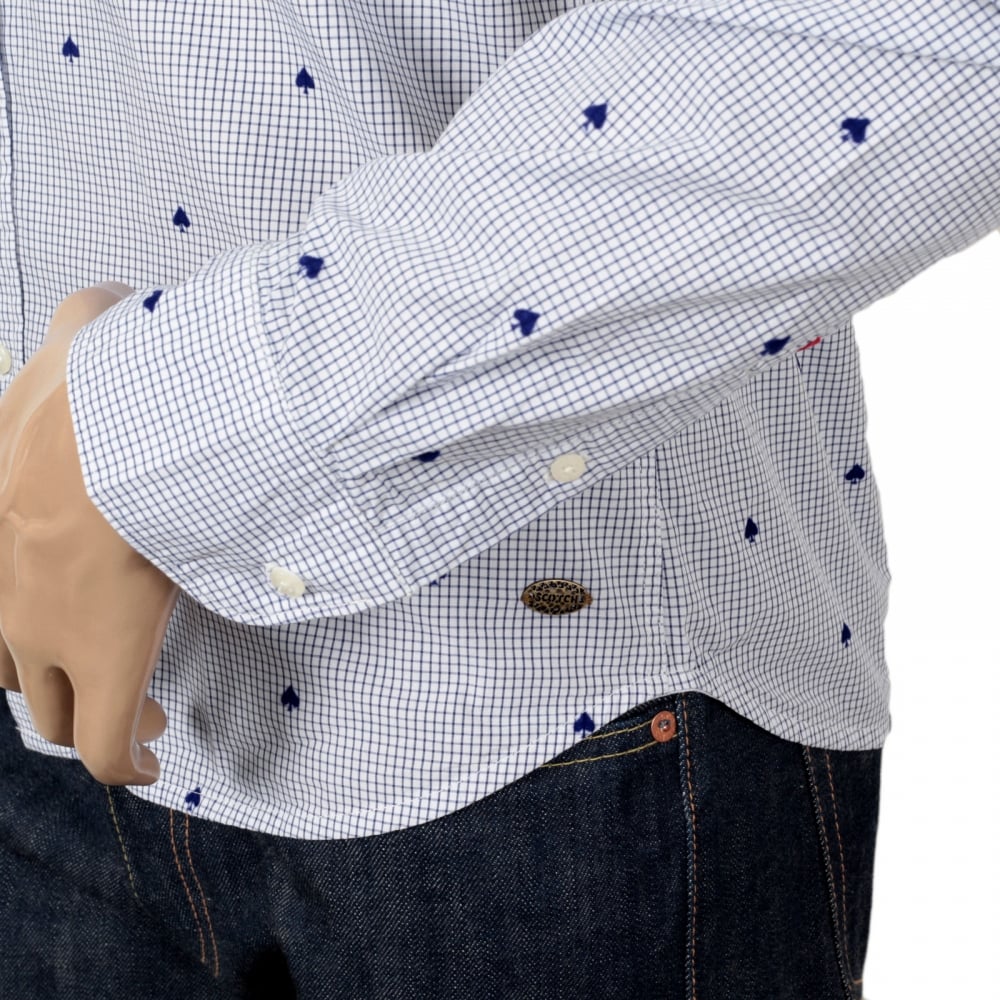 Mens Slim Fit White Cotton Shirt with Soft Collar, Blue Mini Check and Flock Spade Print by Scotch and Soda