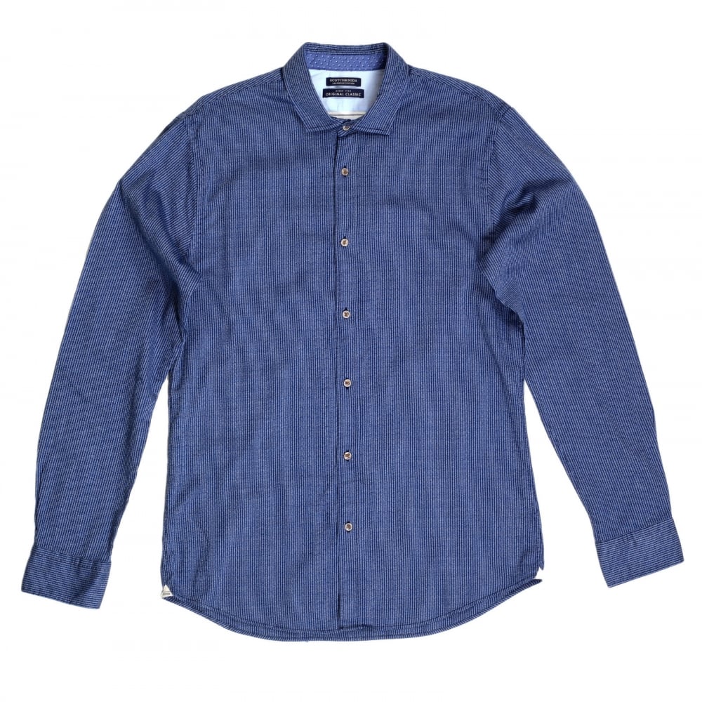 Slim Fit Woven Soft Cotton Long Sleeve Striped Blue Shirt for Men with Soft Collar by Scotch and Soda