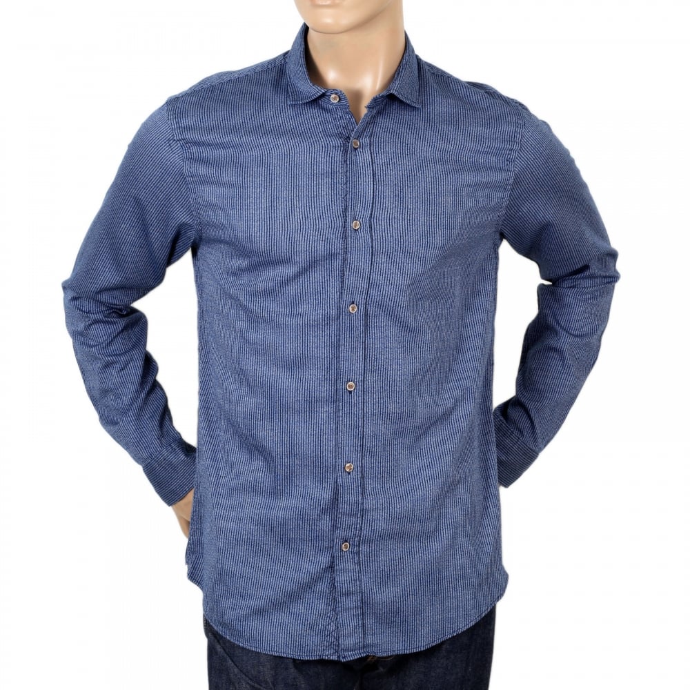 Slim Fit Woven Soft Cotton Long Sleeve Striped Blue Shirt for Men with Soft Collar by Scotch and Soda