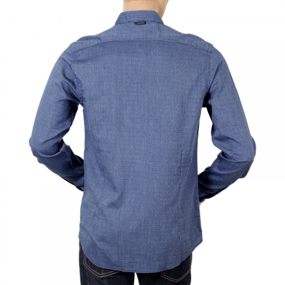 Slim Fit Woven Soft Cotton Long Sleeve Striped Blue Shirt for Men with Soft Collar by Scotch and Soda