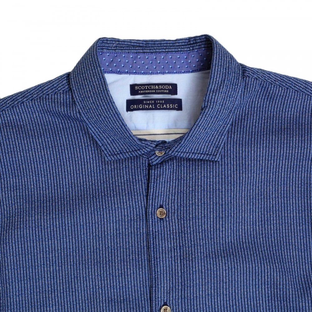 Slim Fit Woven Soft Cotton Long Sleeve Striped Blue Shirt for Men with Soft Collar by Scotch and Soda