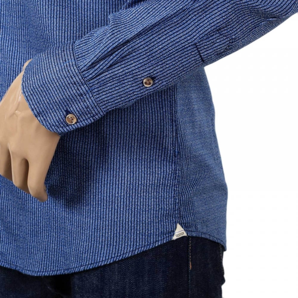 Slim Fit Woven Soft Cotton Long Sleeve Striped Blue Shirt for Men with Soft Collar by Scotch and Soda
