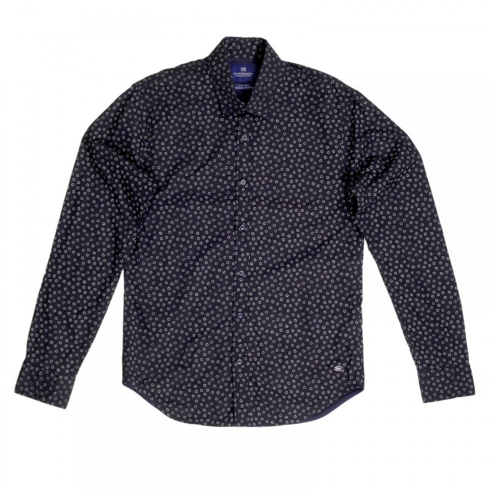 Slim Fit Long Sleeve Shirt in Black with White Jacquard Printed Circles and Soft Collar by Scotch and Soda