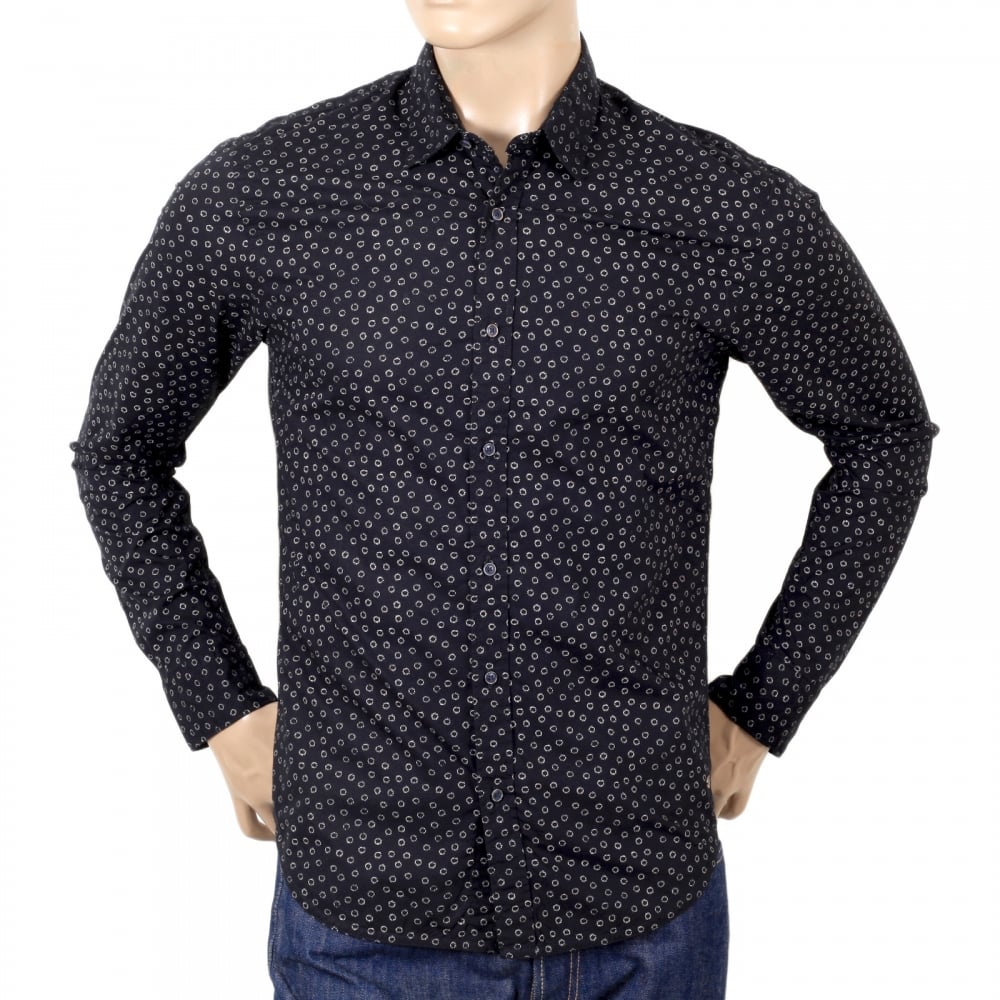 Slim Fit Long Sleeve Shirt in Black with White Jacquard Printed Circles and Soft Collar by Scotch and Soda