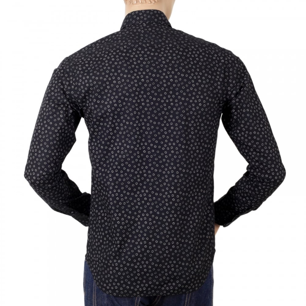 Slim Fit Long Sleeve Shirt in Black with White Jacquard Printed Circles and Soft Collar by Scotch and Soda