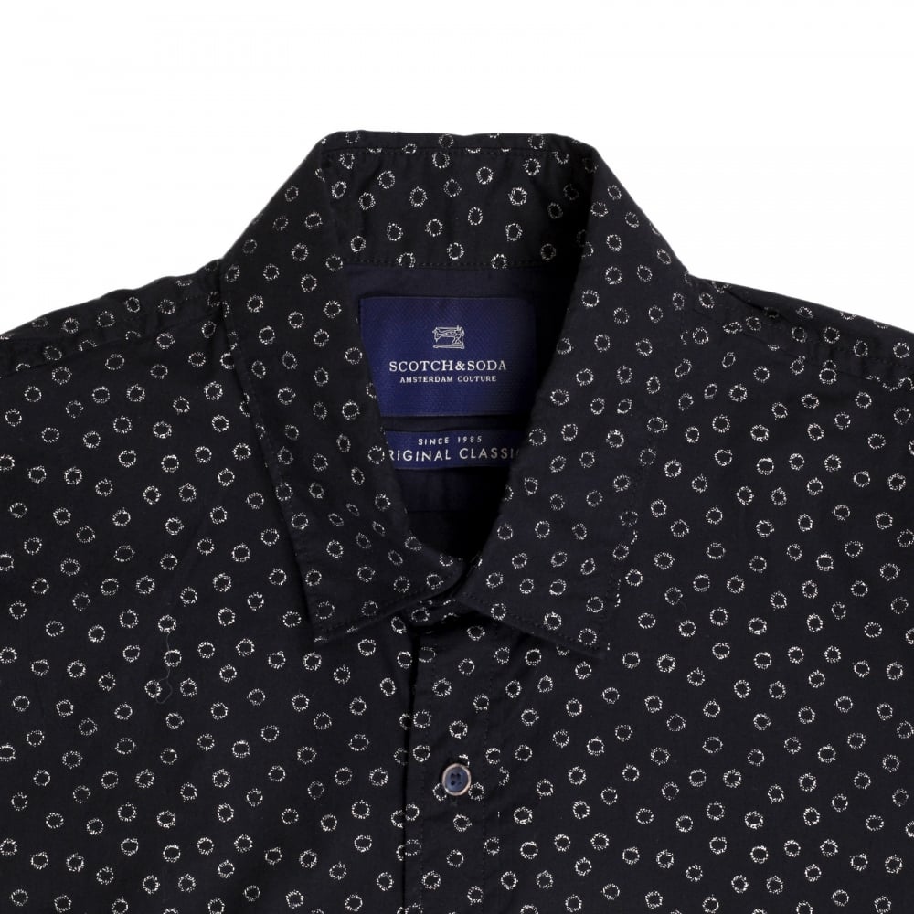 Slim Fit Long Sleeve Shirt in Black with White Jacquard Printed Circles and Soft Collar by Scotch and Soda