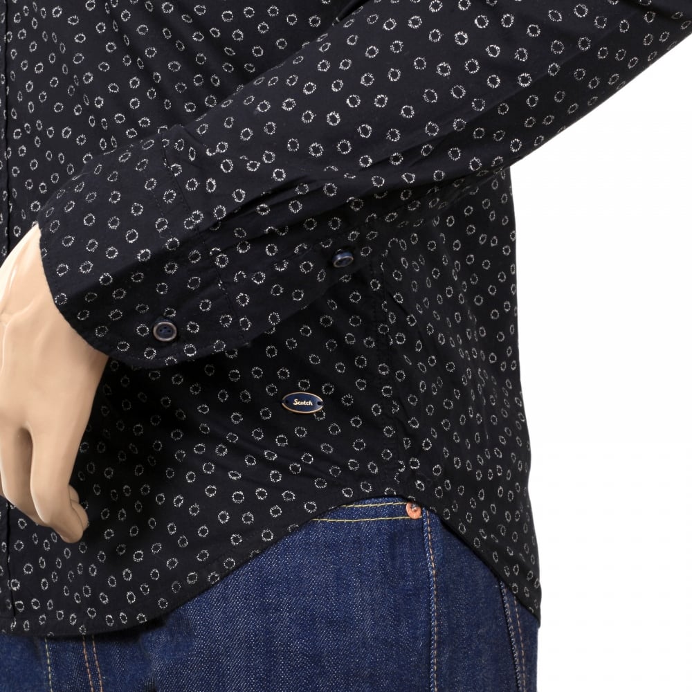 Slim Fit Long Sleeve Shirt in Black with White Jacquard Printed Circles and Soft Collar by Scotch and Soda