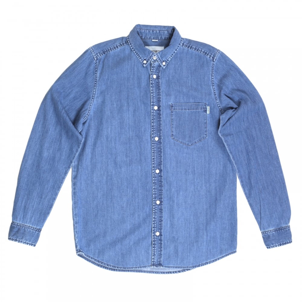Slim Fit Long Sleeve Blue Denim Civil Shirt with Single Chest Pocket and Soft Button Down Collar by Carhartt
