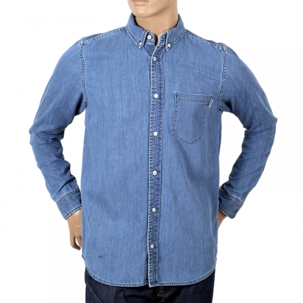Slim Fit Long Sleeve Blue Denim Civil Shirt with Single Chest Pocket and Soft Button Down Collar by Carhartt