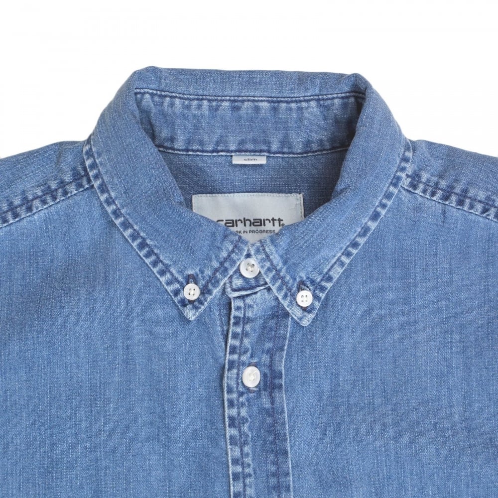 Slim Fit Long Sleeve Blue Denim Civil Shirt with Single Chest Pocket and Soft Button Down Collar by Carhartt