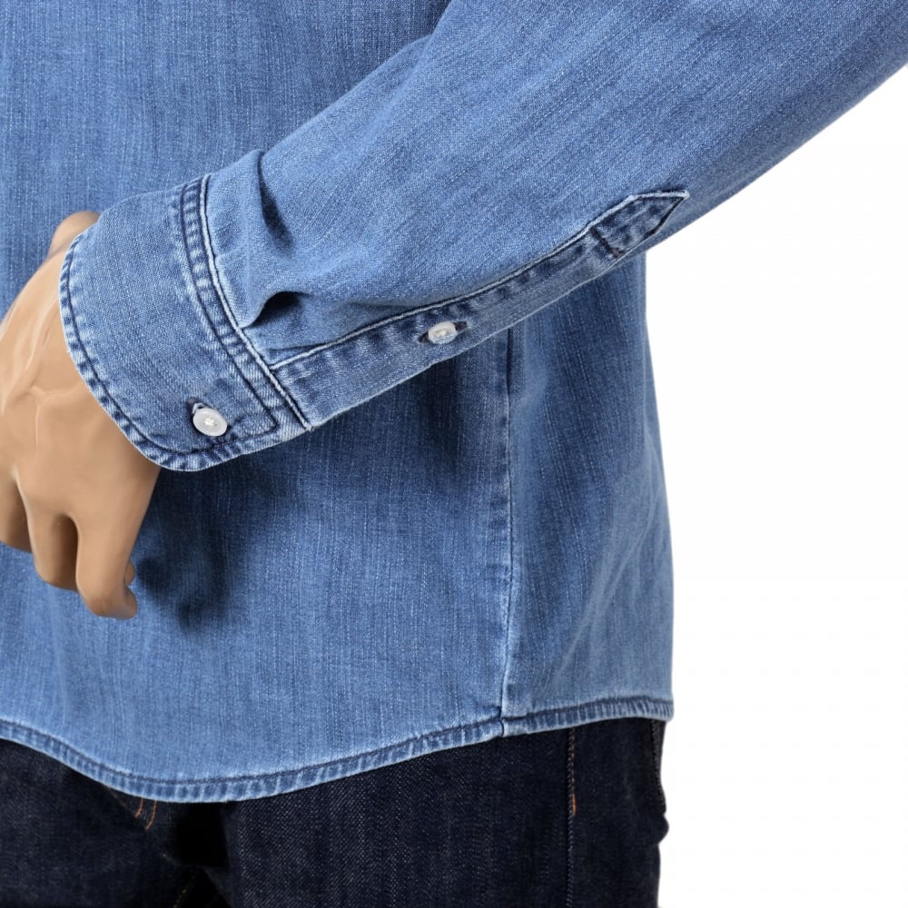 Slim Fit Long Sleeve Blue Denim Civil Shirt with Single Chest Pocket and Soft Button Down Collar by Carhartt
