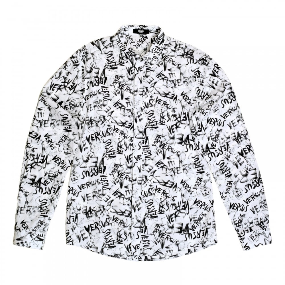 Mens Slimmer Fit Long Sleeve White Shirt with Black Versus Graffiti Print with Soft Pointed Collar by Versace