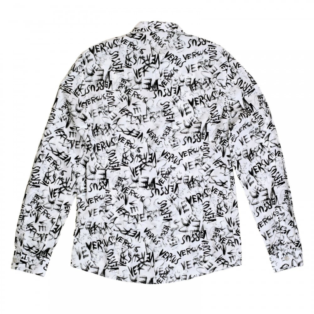 Mens Slimmer Fit Long Sleeve White Shirt with Black Versus Graffiti Print with Soft Pointed Collar by Versace