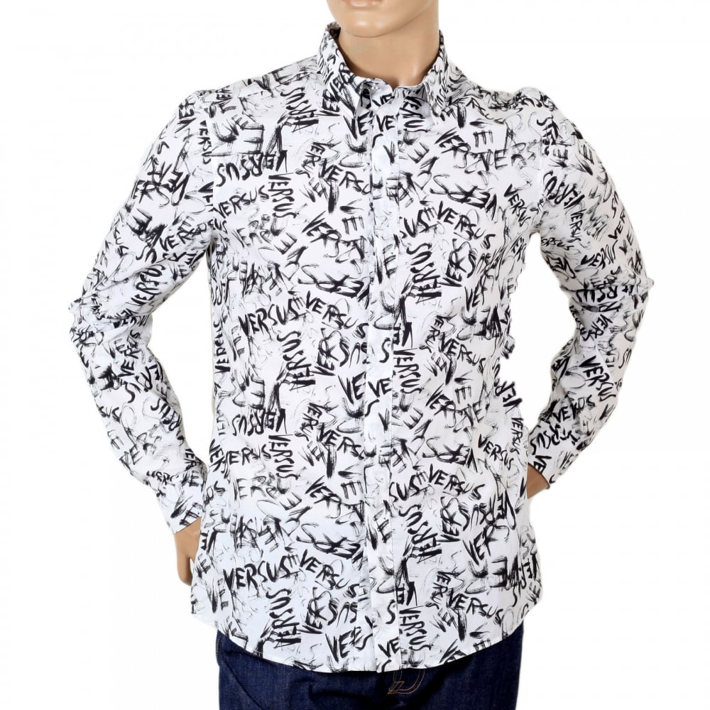 Mens Slimmer Fit Long Sleeve White Shirt with Black Versus Graffiti Print with Soft Pointed Collar by Versace