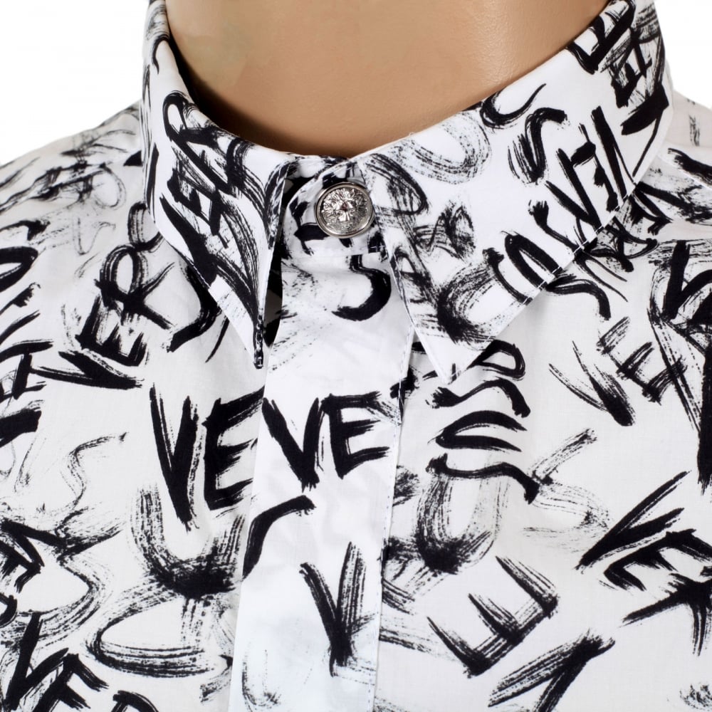 Mens Slimmer Fit Long Sleeve White Shirt with Black Versus Graffiti Print with Soft Pointed Collar by Versace