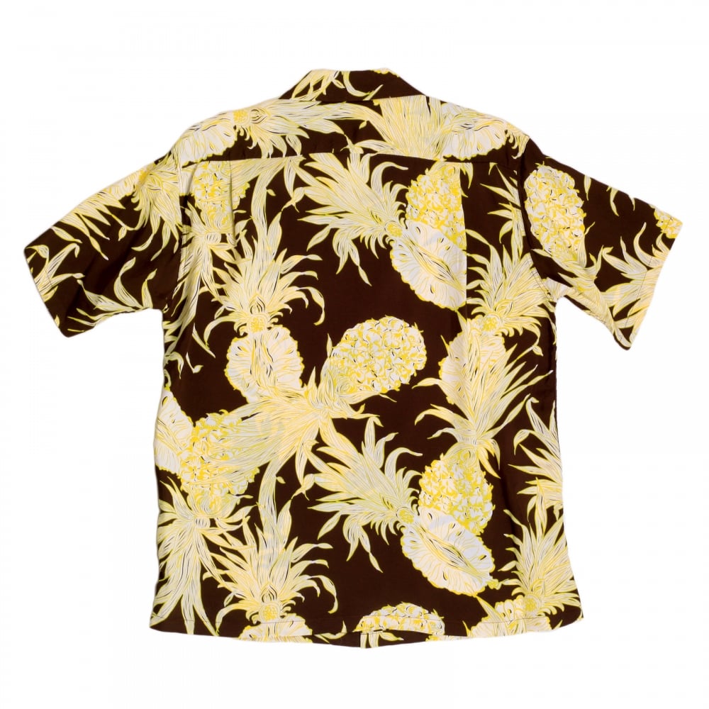 Mens Regular Fit Short Sleeve SS37452 Hawaiian Shirt in Brown with Yellow Island Pineapple Print by Sun Surf