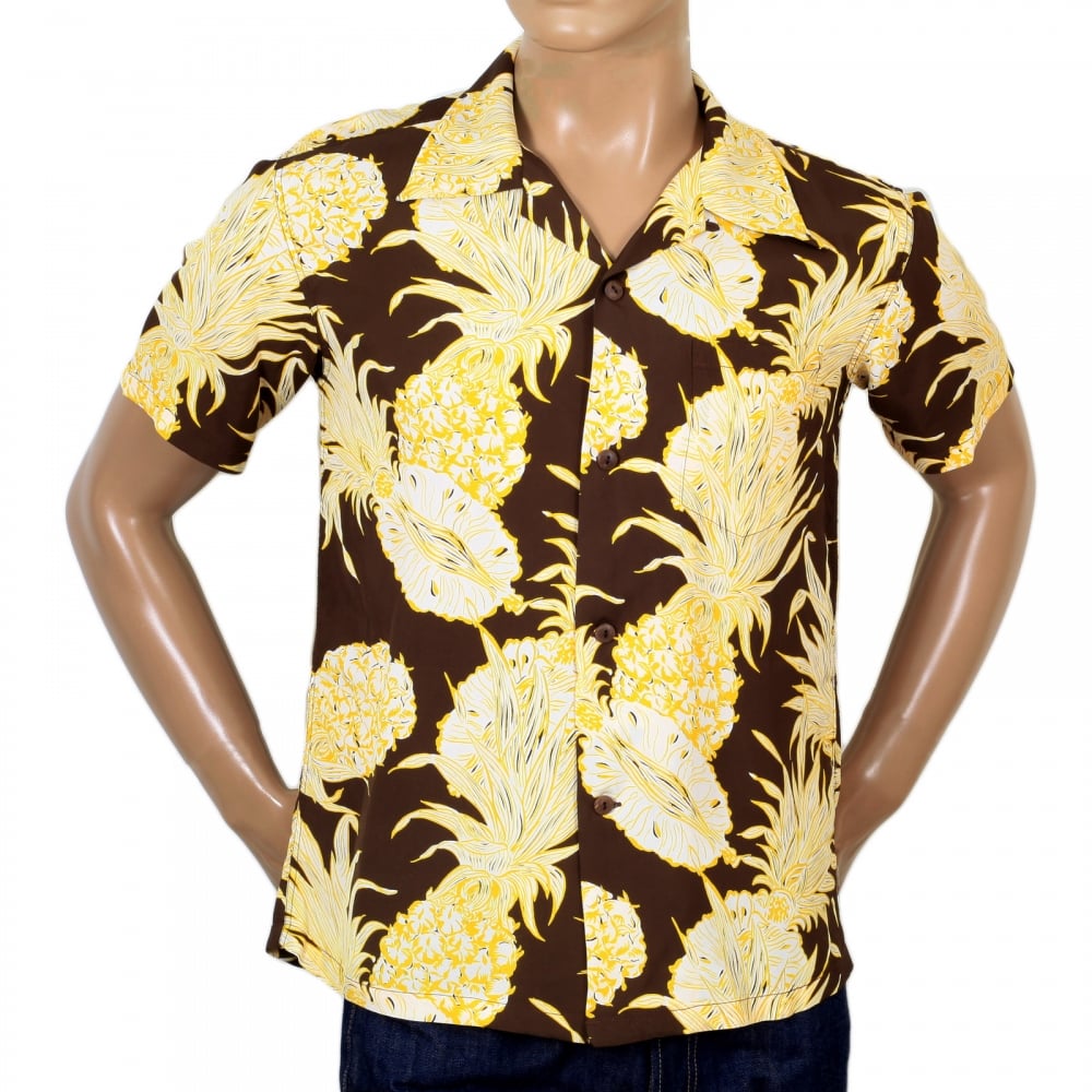 Mens Regular Fit Short Sleeve SS37452 Hawaiian Shirt in Brown with Yellow Island Pineapple Print by Sun Surf