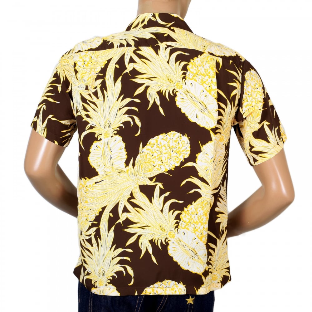 Mens Regular Fit Short Sleeve SS37452 Hawaiian Shirt in Brown with Yellow Island Pineapple Print by Sun Surf