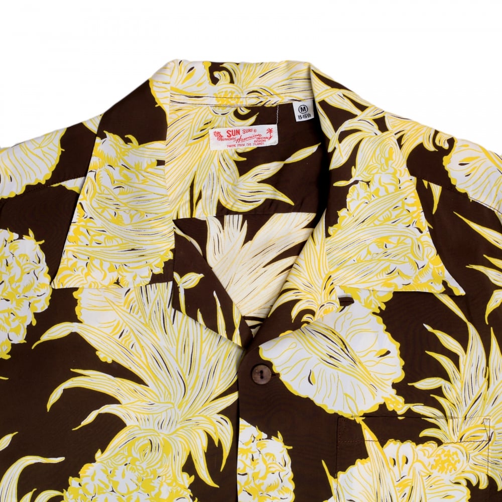 Mens Regular Fit Short Sleeve SS37452 Hawaiian Shirt in Brown with Yellow Island Pineapple Print by Sun Surf