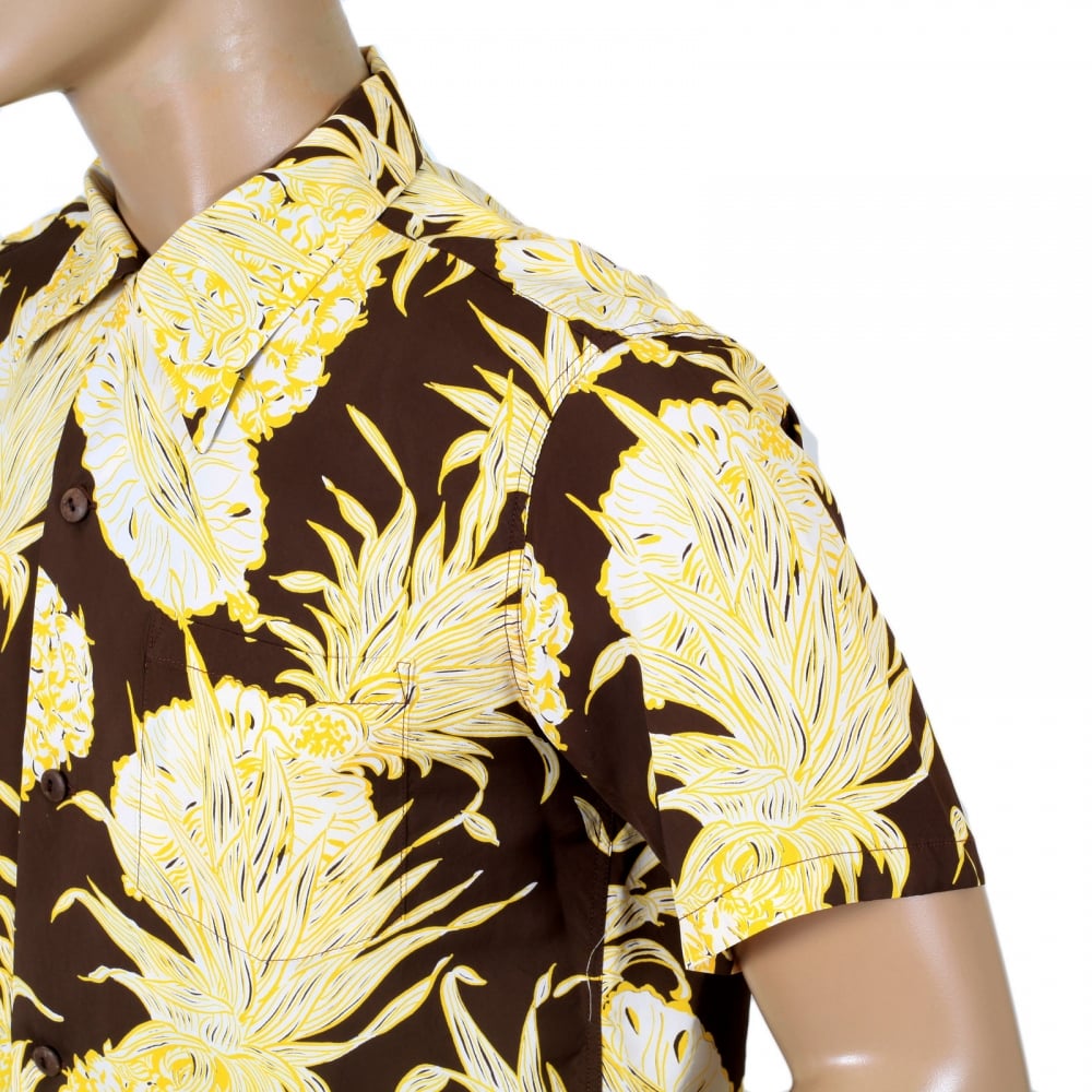 Mens Regular Fit Short Sleeve SS37452 Hawaiian Shirt in Brown with Yellow Island Pineapple Print by Sun Surf