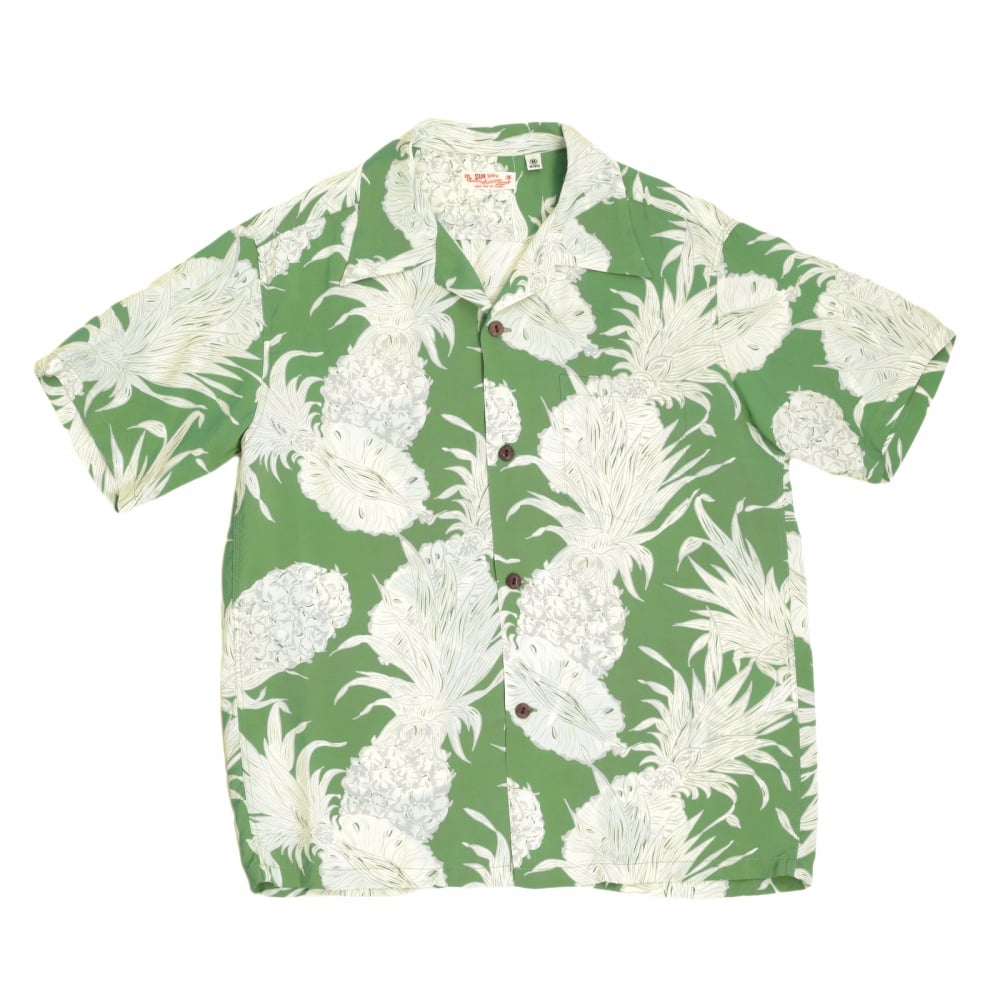 Mens Regular Fit Short Sleeve SS37452 Hawaiian Shirt in Green with Grey Island Pineapple Print by Sun Surf