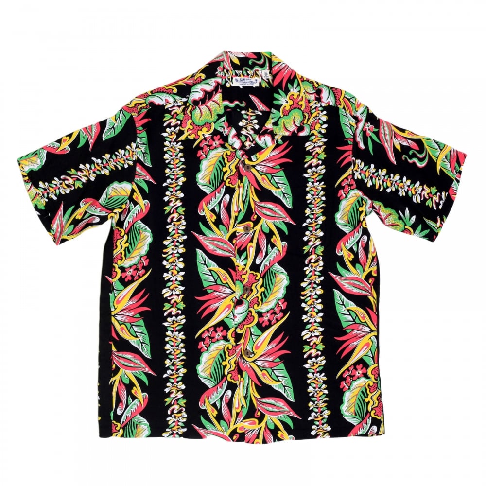 Mens Regular Fit Short Sleeve SS37468 Hawaiian Shirt in Black with Blessing of Nature Print by Sun Surf