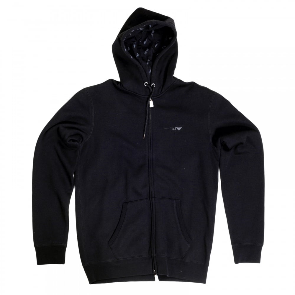 Armani Jeans Black Zipped Hooded Sweatshirt for Men with AJ Eagle Chest Logo AJM6461