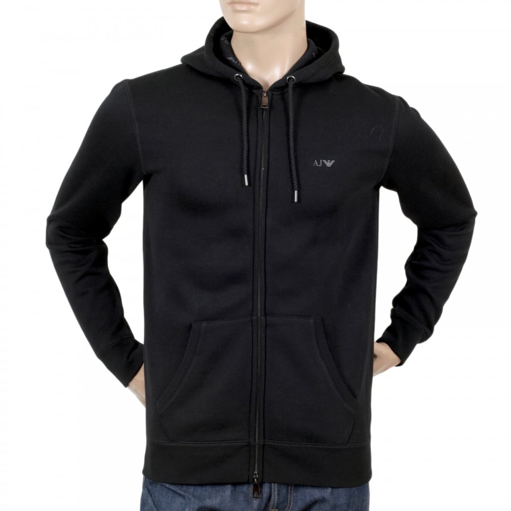 Armani Jeans Black Zipped Hooded Sweatshirt for Men with AJ Eagle Chest Logo AJM6461