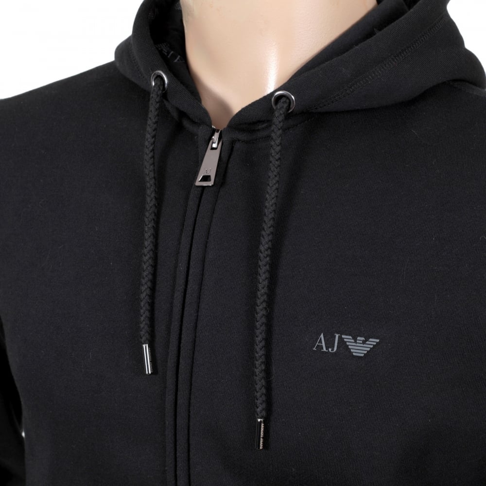 Armani Jeans Black Zipped Hooded Sweatshirt for Men with AJ Eagle Chest Logo AJM6461