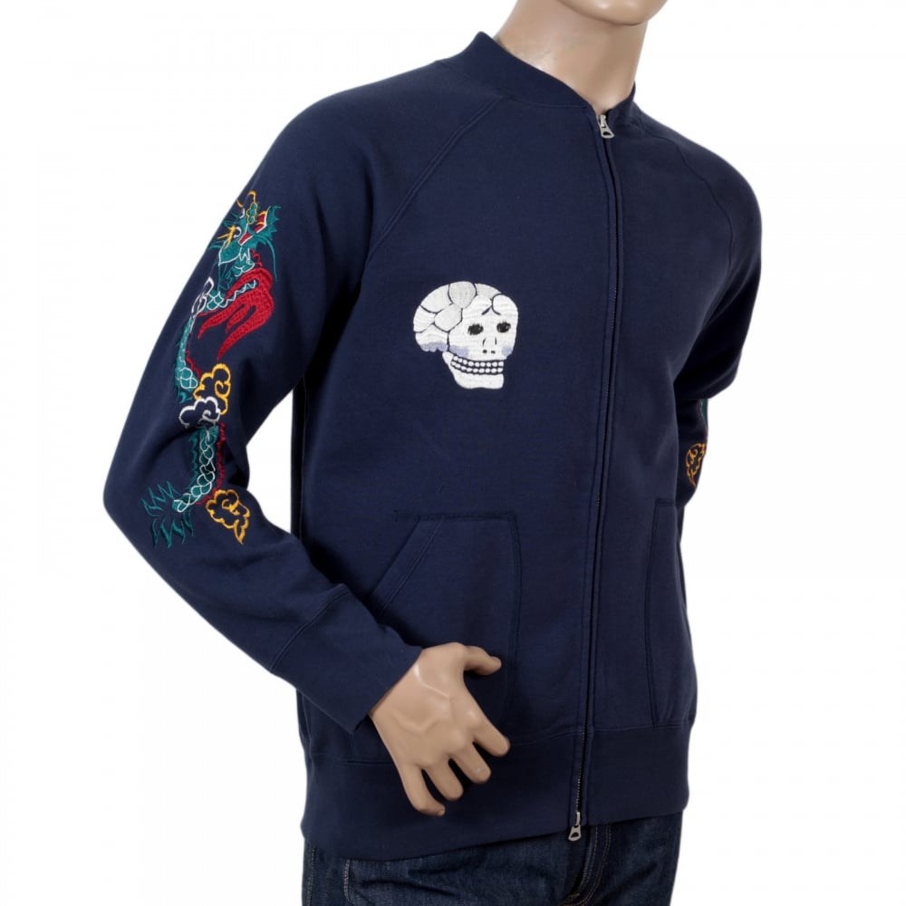 Sugarcane Tailor Toyo Mens Regular Fit Hand Embroidered TT67433 Zipped Suka Sweat Jacket in Blue CANE7467