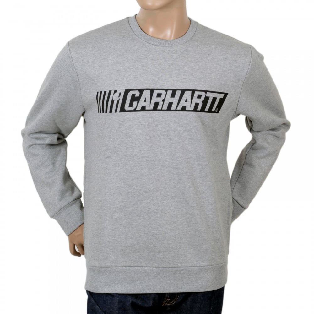 Mens Heather Grey Regular Fit Crew Neck Sweatshirt with Black Logo Printed Front by Carhartt CARH6852