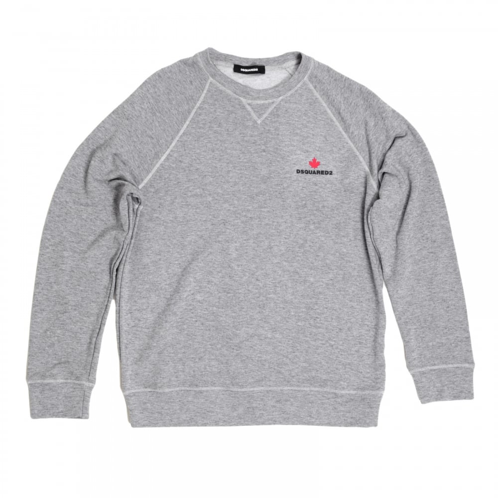 Mens Crew Neck Raglan Sleeve Grey Sweatshirt with Maple Leaf and Text DSquared Logo Branding DSQU6280
