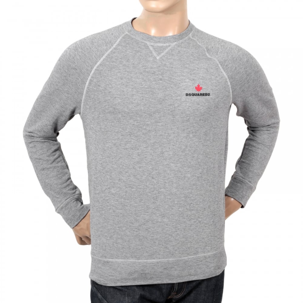 Mens Crew Neck Raglan Sleeve Grey Sweatshirt with Maple Leaf and Text DSquared Logo Branding DSQU6280