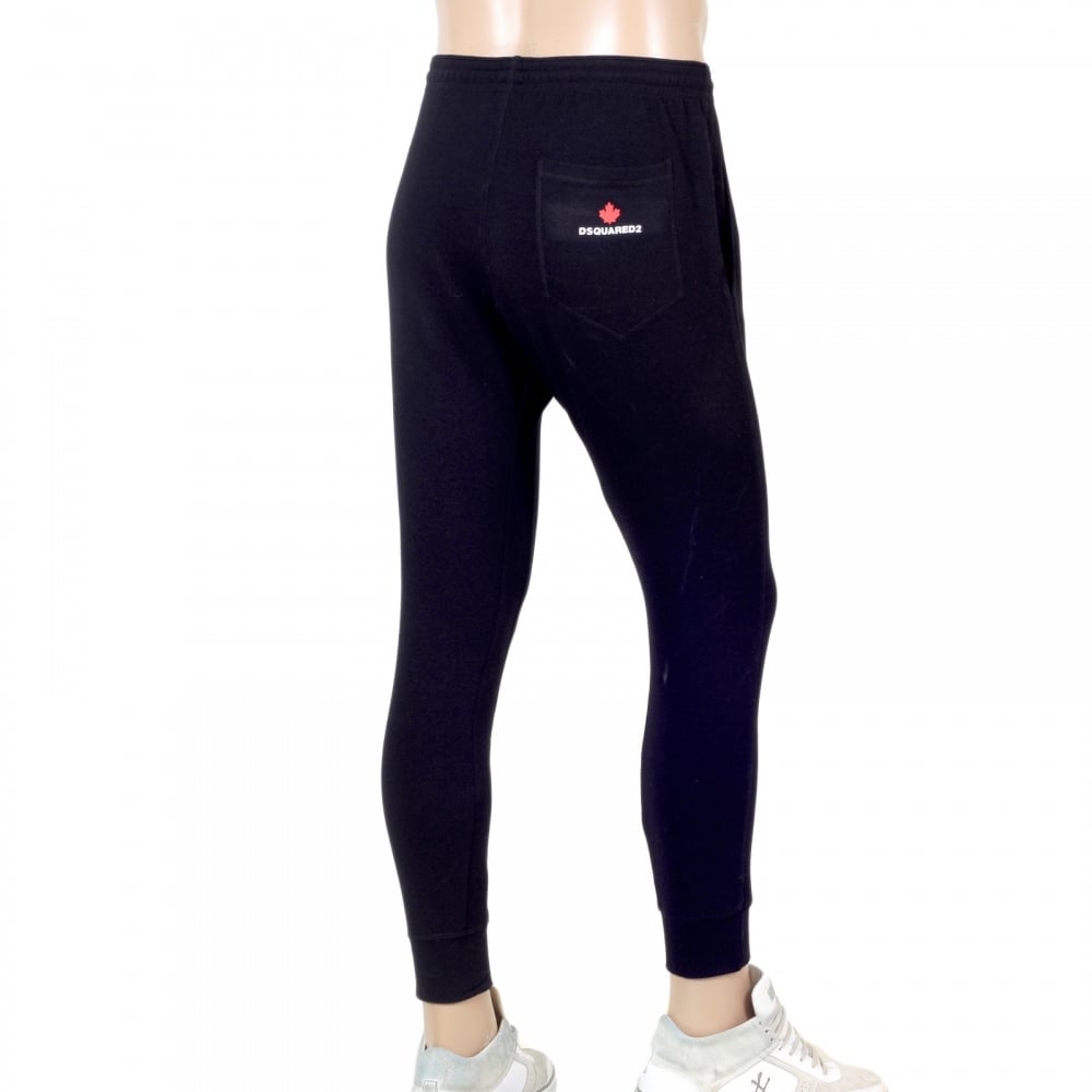 Mens Skinny Black Cuffed Bottoms Track Pants with Applique Signature DSquared2 Logo DSQU6281