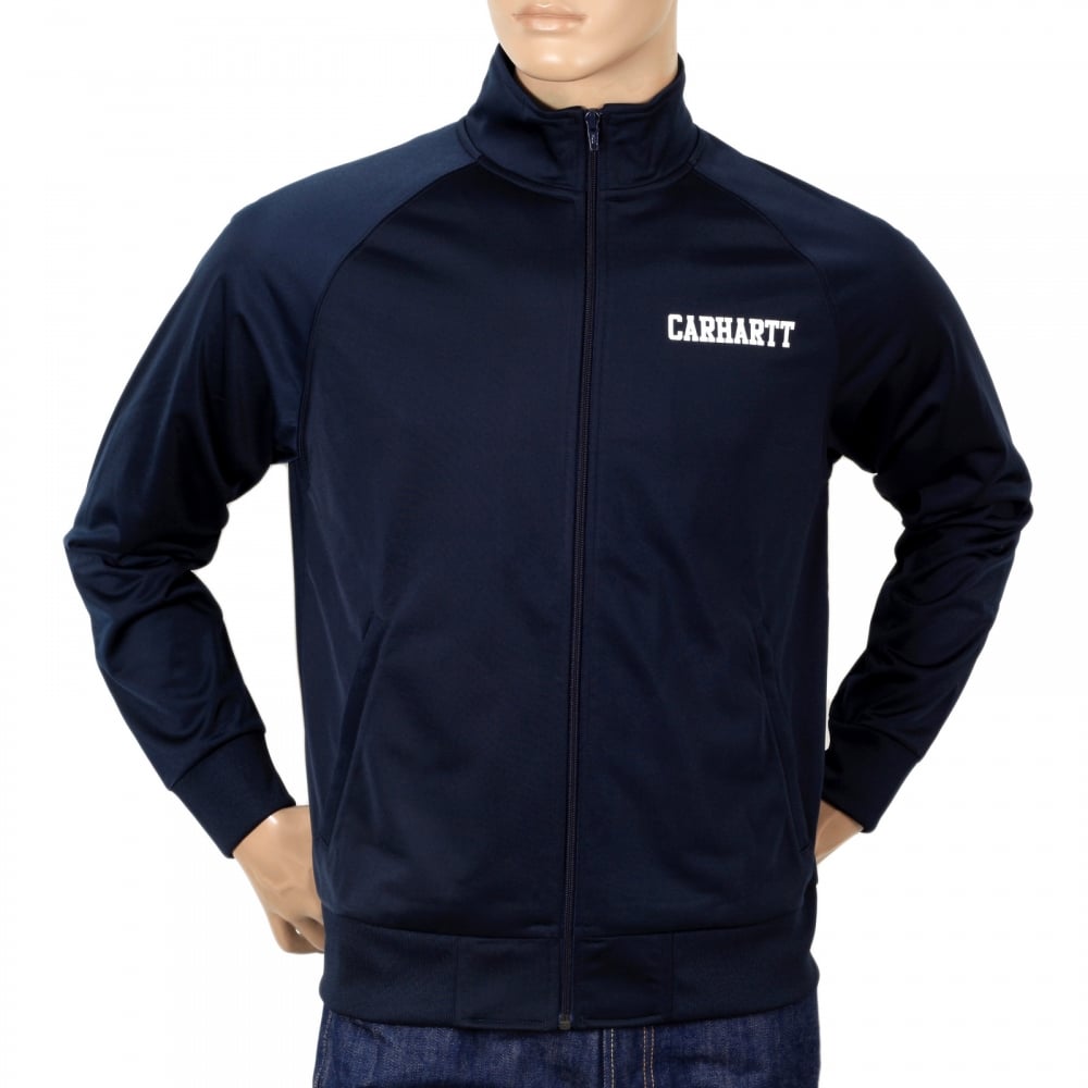 Mens Navy College Track Jacket with Zipped Front and High Collar and White Text Chest Logo CARH6839