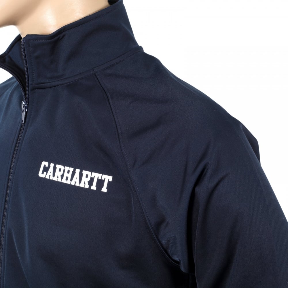 Mens Navy College Track Jacket with Zipped Front and High Collar and White Text Chest Logo CARH6839