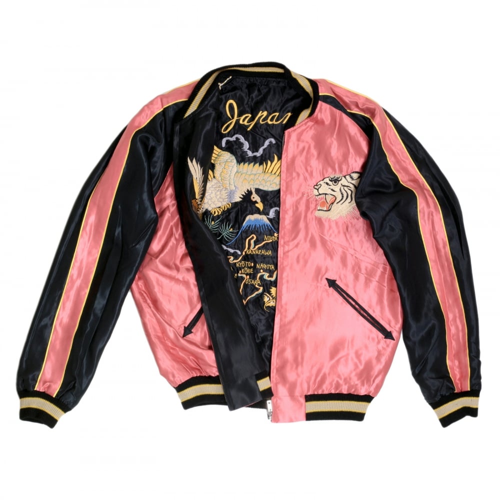 Fully Reversible Suka Jacket in Pink and Black with Tiger Embroidery by Sugar Cane Tailor Toyo TOYOSC7526A