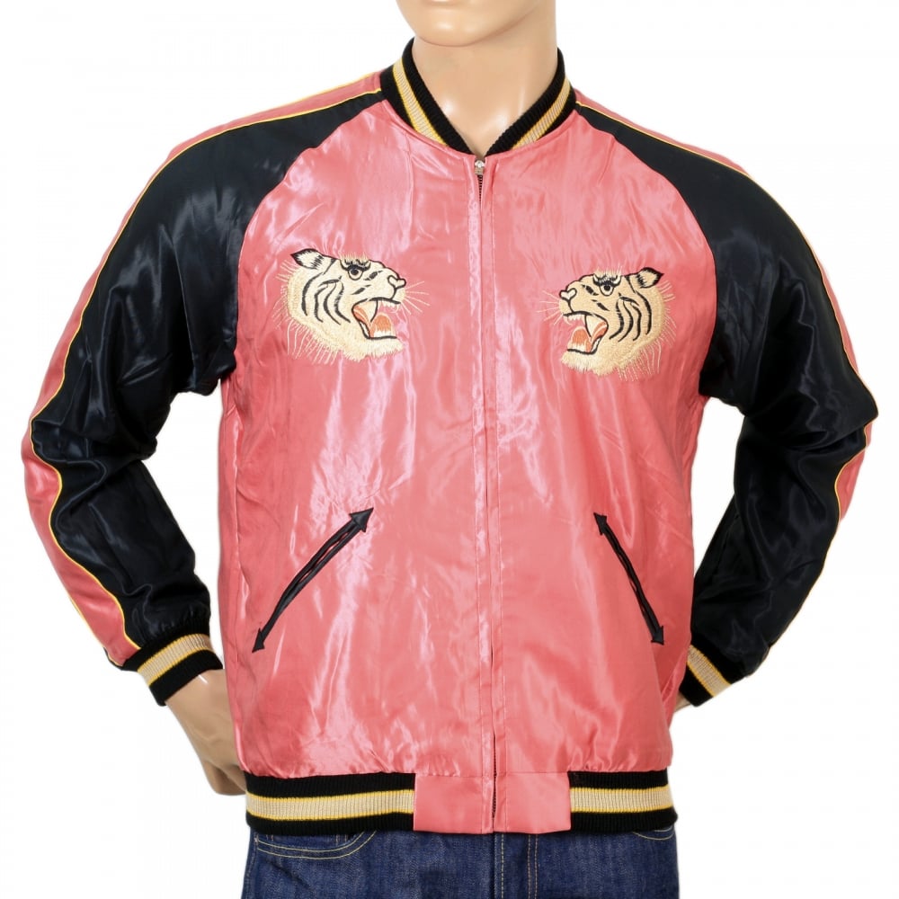 Fully Reversible Suka Jacket in Pink and Black with Tiger Embroidery by Sugar Cane Tailor Toyo TOYOSC7526A
