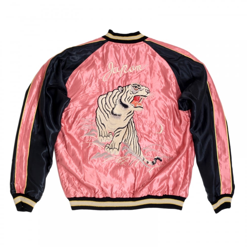Fully Reversible Suka Jacket in Pink and Black with Tiger Embroidery by Sugar Cane Tailor Toyo TOYOSC7526A