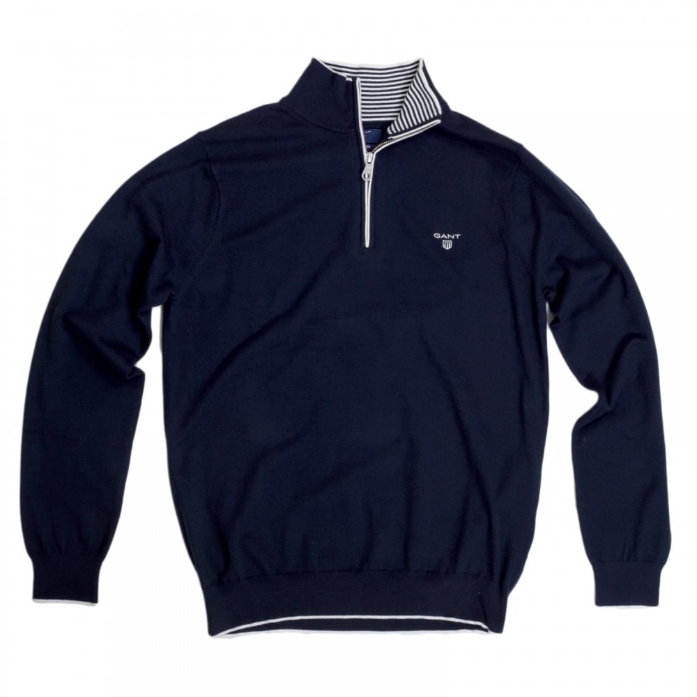 Marine Blue Half Zip Front Turtle Neck Knitwear with Embroidered Signature Logo on Chest by Gant GANT6187