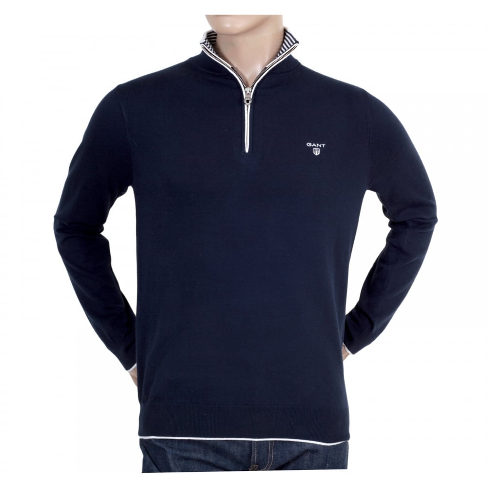 Marine Blue Half Zip Front Turtle Neck Knitwear with Embroidered Signature Logo on Chest by Gant GANT6187