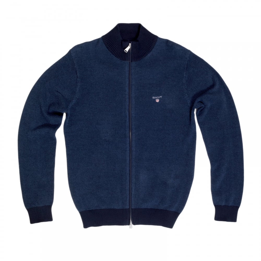 Mens Evening Blue Cotton Pique Zipped Cardigan with Embroidered Signature Logo on Chest by Gant GANT6186